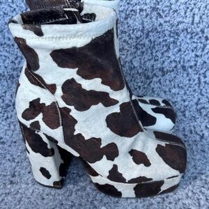 Cow-Print Platform Ankle Boots - White & Brown Heeled Boots